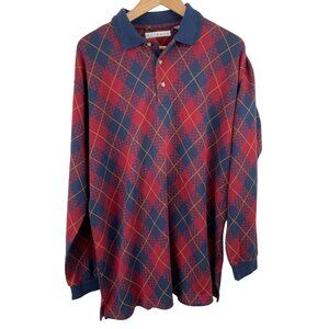 Tribute Mens SIze Large Long Sleeve Collared Polo Shirt Argyle Design Blue Red